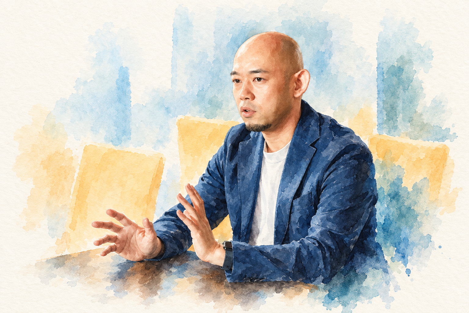 対話する田口貴良の本人写真をもとにした水彩画風イラスト